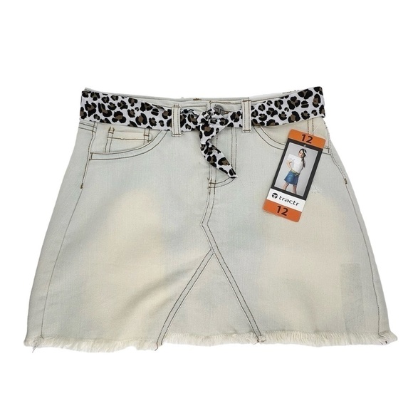 Tractr Jean Mini Skirt Skort Girls Size 12 Distressed Faded Leopard Belt New NWT - Picture 1 of 4